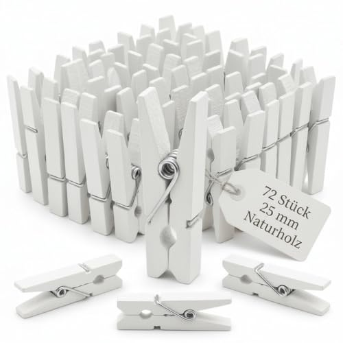 MIJOMA Miniklammern Mini-Wäscheklammern aus Holz – Dekoklammern zum Basteln, für Fotos, DIY-Projekte, Geschenkverpackung & kreative Tischdekoration (25 mm - 72 Stück weiß)