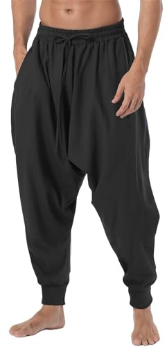 AITFINEISM, Pantaloni harem da uomo, comodi, con vita elasticizzata, alla moda, in tinta unita, casual, stile hippie, per yoga, Nero 3, XXXXL