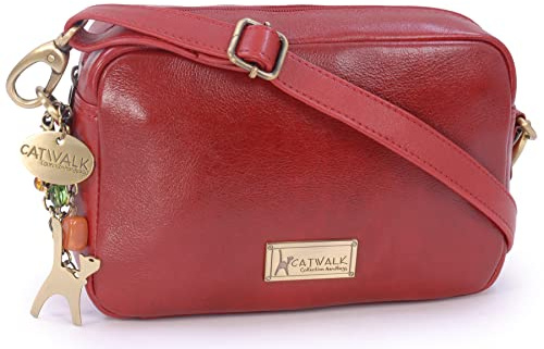 Catwalk Collection Handbags - Damen Leder Umhängetasche Klein - Crossbody Bag/Moderne Handtasche - Verstellbarer Schultergurt - Polly - Rot