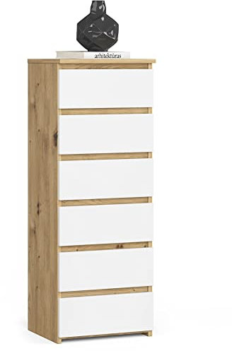 AKORD Kommode CL6 40 cm | 6 Schubladen | Schrank | für das Wohnzimmer | für das Schlafzimmer | B40 x H109 x T35 cm | Gewicht 25,5 kg | Artisan Eiche/Weiß