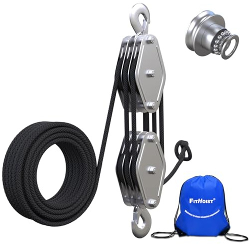 FITHOIST Block and Tackle 2200 LBS Breaking Strength Heavy Duty Pulley, 50 Ft 3/8 Rope Pulley, 5:1 Lifting Power Pulley System, Pulley Hoist for Animal Husbandry, Warehouses, Constructions(Black)