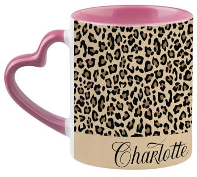 Getagift Personalised Cheetah Print Mug Custom Name, Leopard Print, Animal Print, Heart Handle Coffee, Tea Mug. (Pink)
