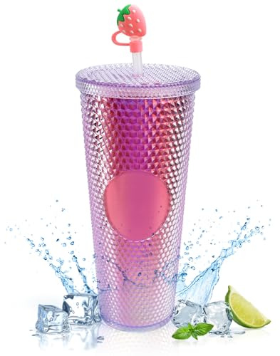 REFORUNG Bicchieri di Plastica con Coperchio e Cannuccia da 710ml Tazza con Borchie Opache Bicchiere da Viaggio di Plastica a Doppia Parete Tazza da Caffè per Tutti i Tipi di Bevande Fredde o Calde