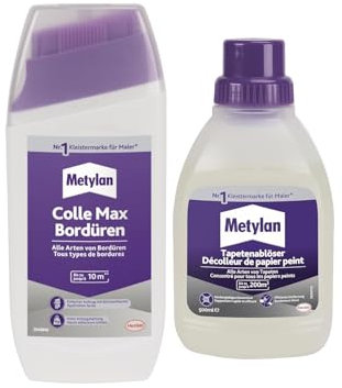 Metylan Bordüren Klebstoff für Bordüren aus Papier, Gewebe, Vinyl, für sicheres Haften (1x250g) & Metylan Tapetenablöser Aktiv-Konzentrat, löst schnell und problemlos (1x0,5l)