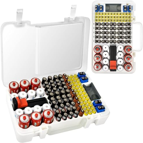 Xuerdon Batterie-Aufbewahrungsbox mit Tester, Mehr als 120 Fächer | Kunststoff, 120+ Plätze für AA-, AAA-, C-, D-, 9V- und Knopfzellen, transparenter Deckel, für Schublade, weiß, ohne Batterien