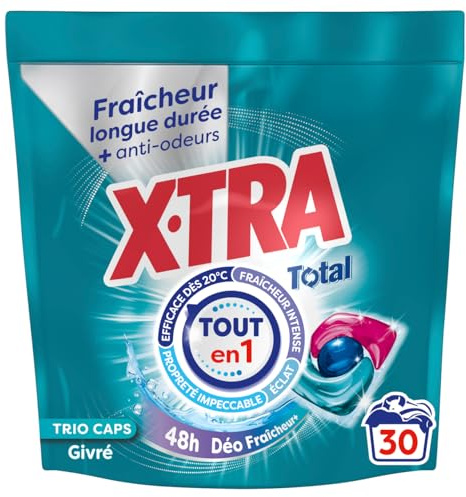 Xtra Total - Lessive Capsules- Trio-Caps - 4+1 - Propreté - Eclat - Fraîcheur - Engagé pour vous - Economique - Parfum Givré - Déo Fraîcheur + - 24H Anti-Odeurs - Efficace des 20°C - 30 Lavages