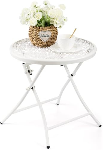 TeoKJ hopfällbart utomhus sidobord, rostfritt litet uteplats bord runt, litet trädgårdsbord av metall med blomsterutskärningar för veranda gård balkong uteplats gräsmatta, vitt