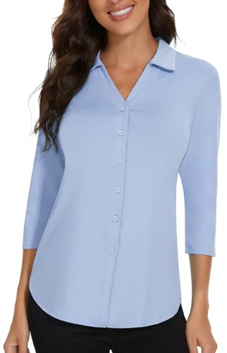 Soneven - Camicetta a polo da donna, elegante, scollo a V, con colletto, a maniche lunghe, da golf, estiva, traspirante, Blu, M