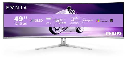 Philips Evnia 49M2C8900AM - Monitor Gaming Curvo QD OLED de 49 Pulgadas, 240 Hercios, 0.03ms GtG, HDR400, Ambiglow (5120x1440, HDMI 2.1, DisplayPort 1.4, USB-C, USB Hub) Blanco