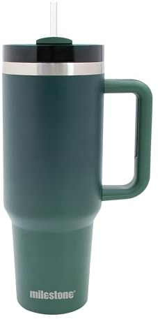 Milestone Travel Mug 40oz Tumbler with Straw, Handle & Lid/Large Capacity Insulated Stainless Steel Travel Cup for Cold or Hot Drinks (Evergreen)