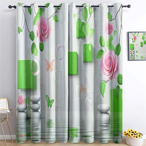 Blackout Curtains W 27.5 x L 63 (2 Panels) Eyelet Curtain Bedroom Super Soft Thermal Insulated Pink Rose Pattern Curtains, Blackout Eyelet for Bedroom 2 Panels Pink