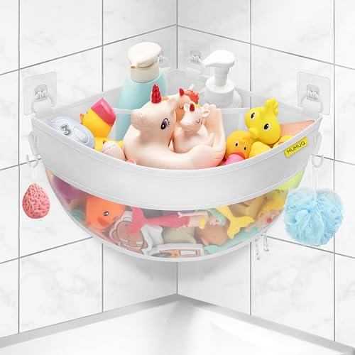 Bath Toy Storage Corner Wall Mounted, 16.35 L Shower Caddy Bath Toys Holder, Bottom Zipper Mesh Bathtub Toys Storage Organiser Bag, Baby Shower Basket Quick Dry Tub Toy Net Bathroom Accessory