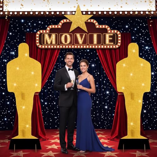 Cinnvoice 2 Stück 2 m Gold-Film-Preis-Statue, Kunststoff, Pappausschnitt, Stand-up-Film-Requisiten, wasserdicht, PVC, Aufsteller für Filmabend, Party, Boden, Outdoor, Innenbereich, Heimdekoration