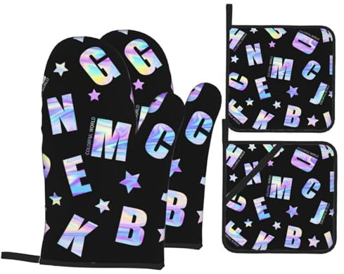 Handschuhe Und Topflappen-Set, Briefe Englisch Hot Pads Kits Professionelles Kochhandschuhe rutschfest Backhandschuhe Für Backen Küche Zubehör Kochen