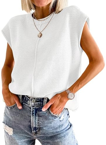 Jhsnjnr Women's Tank Tops with Capped Sleeve Dressy Crew Neck Knit Sleeveless Jumpers Baggy Lounge Wear Sweater Vests White