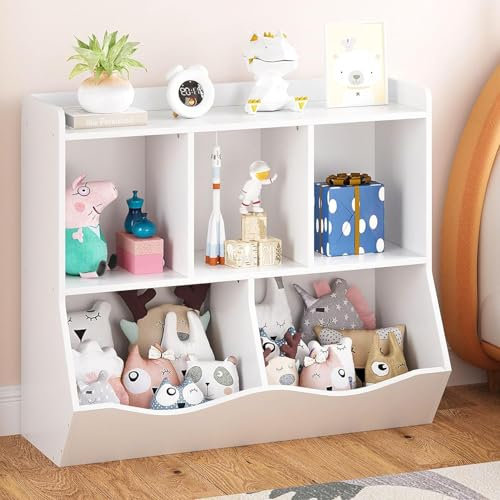 OPULENTHOME Bücherregal Kinder, Bücherregal Kinderzimmer, Spielzeugregal mit 5 Fächern, Kinderregal, weißes Regal, Kindermöbel für Kindergarten Spielzimmer, Aufbewahrungsregal, 91.5 x 80 x 39 cm