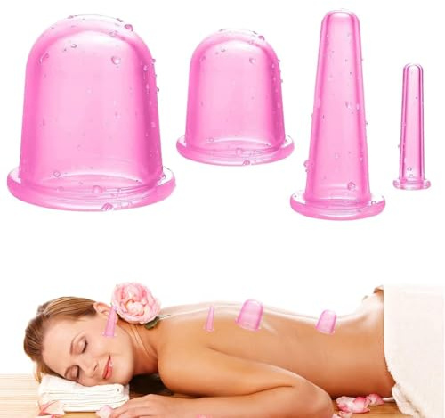 Ventosas faciales de silicona para masaje de celulitis – Set de 4 piezas – Anti-celulitis, ergonómicas y cómodas – Masaje corporal y facial, Rosa