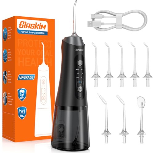 Glaskim Jet Dentaire Hydropulseur Professionnel - 4 Modes de Nettoyage, Réservoir 320ML Grande Capacité, 8 Buses Interchangeables, USB Charge Rapide, IPX7 Étanche, Portable pour Maison & Voyage,Noir