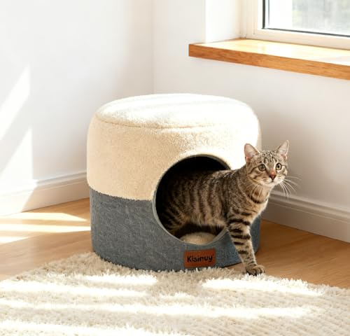 KISIMUY 2-in-1 Cat Cave Bed & Lounger with Reversible Plush Cushion, Cat Bed for Indoor Cats, Foldable Anti-Slip Cat House - Calming Cozy Hideaway for Kitten &Small Cats with Anxiety Relief, 15.7in
