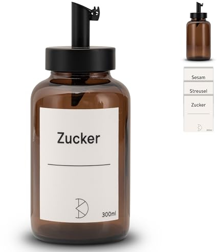 Koffs Design Zuckerstreuer mit Edelstahl Dosierer – individuelle Streuer für Zucker, Streusel, Sesam, Saaten und mehr - moderne Zuckerdose aus Glas mit UV‑Schutz - mit Stickern 300ml