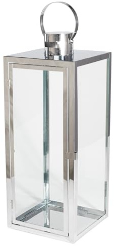 Laterne Metall Glas, dekorativer Lampion für Wohnzimmer & Outdoor – modern & elegant, in 3 Größen 38/49/63 cm & Farben Schwarz/Gold/Silber, auch als Set erhältlich (Silber, 49cm)