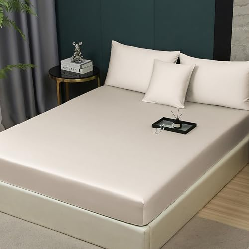 DXHOME Spannbettlaken 180x200 Baumwolle Beige Spannbetttuch Khaki Creme Lyocell Seide 100% Baumwolle Betttuch 180 x 200 Doppelbett Uni Leintuch für Hohe Matratze Hoher Steg bis 25-30 cm