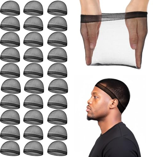 Sibba 30Pcs Stocking Wave Cap for Men, Elastic Wig Cap Stretchy Hair Net, Stocking Caps for Men Adult, Breathable Comfortable for Extended Wear, Black
