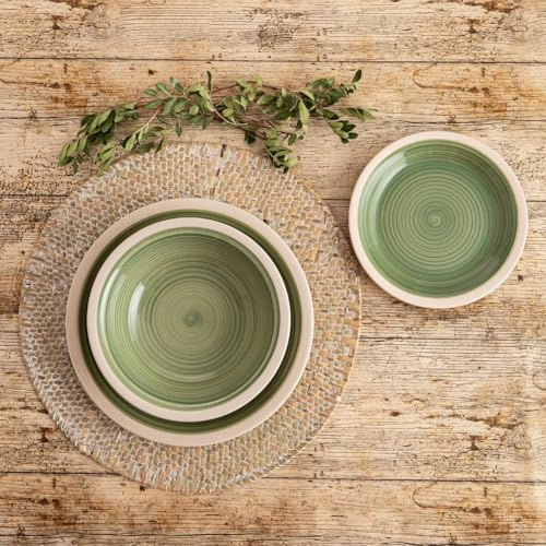 Vajilla de Cerámica de Color Verde Elegante – 18 Piezas Pintadas a Mano – Set de 6 Platos Llanos de 27cm, 6 Hondos de 21,5cm y 6 de Postre de 19cm – Material Cálido y Natural para el Día a Día