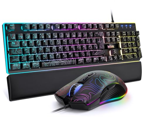 RedThunder K10 Gaming Tastatur und Maus Set, QWERTZ DE Layout, 26KRO Tastatur + 7D 7200 DPI Mause & Weiche Leder Handballenauflage, RGB Beleuchtung für PC Gamer, Mac PS5 Xbox (Höhenlinien Schwarz)
