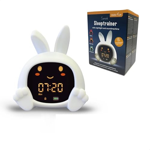 ZAZU Sarah - Entrenador de sueño para niños – Luz nocturna (5 colores), máquina de sonido, despertador con 6 sonidos, apertura y cierre de ojos, recargable con USB