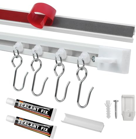 Haoledy Selbstklebende Vorhangschiene Deckenmontage, 8×37cm(296cm) Gardinenschiene ohne Bohren Erweiterbar, mit 40 Rollen & Metallhaken,Gardinenstange Klebend/Bohrmontage,Deckenmontage/Wandmontage