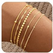 OuryTech Armband dam guld, 5 st armband i guld och smycken, 14K guldpläterat stapelbara armbandsset med gem, halsband, justerbart guldsmycken för kvinnor