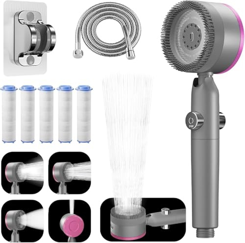 High Pressure Shower Heads, Hard Water Filtered Shower Head - Removes Chlorine, Shower Head with 1.5M Hose,Handheld Massage Shower Filter Head, Swivel Showerhead with 4 Modes Power-Clean Tub & Pet