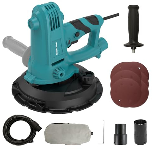 ONEMANA Lijadora de pared en seco, 750 W, lijadora de pared con aspiración 1500-2700 RPM, lijadora eléctrica para paredes y techos con disco de lijado de 180 mm, aspiración de polvo y amplios