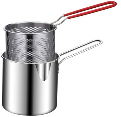EasyByMall Olla de acero inoxidable con cesta, freidora pequeña multiusos para patatas fritas, tempura, verduras, carne, 12 x 12,7 cm, utensilios de cocina con asas