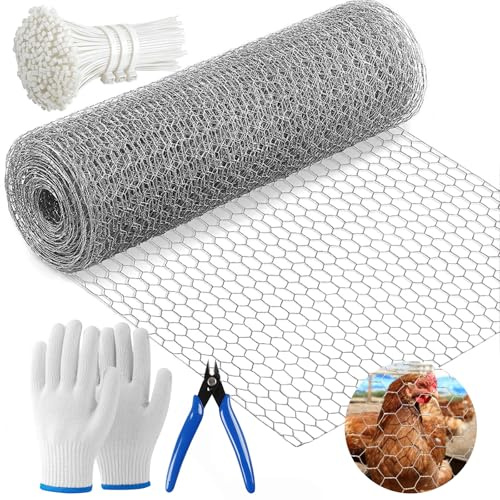 Chicken Wire Mesh Roll 40CM x12M Galvanized Hexagonal Wire Mesh Fencing for Chicken Rabbit Cat Rodent Gloves Cutting Pliers 100 Cable Tiesl Metal Garden Chicken Wire Fence Netting for DIY Craf Poultry