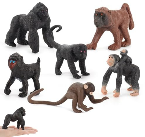 Odoukey Spielzeugtiere, 6 Stück, realistische kleine Affenfigur, PVC-Kunststofftiere, frühes Lernspielzeug für Kinder, wissenschaftliches Projekt, Geburtstag, Puppenanhänger