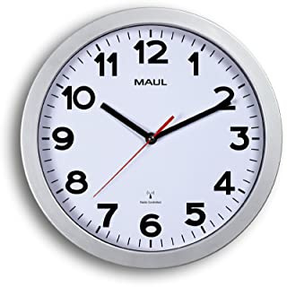 MAUL Funk Wanduhr silber MAULstep Ø 30 cm analog leise mit Batterie | automatische Zeitumstellung, klare Sicht, gut lesbare Ziffern, dezentes Design, leiser Lauf, für Büro und Zuhause