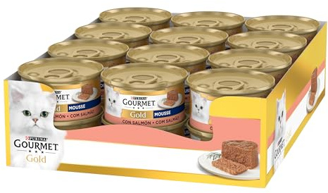 GOURMET Gold Mousse, Comida Húmeda para Gato Adulto, Mousse de Salmón, Pack de 24 Latas de 85 g