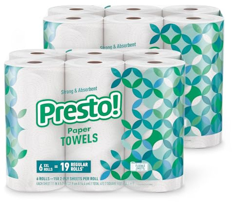 Amazon Brand - Presto! Ultra-Strong Premium Paper Towels, 158 Sheet Huge Roll - Flex-a-Size, 12 Rolls (2 Packs of 6), Equivalent to 38 Regular Rolls, White