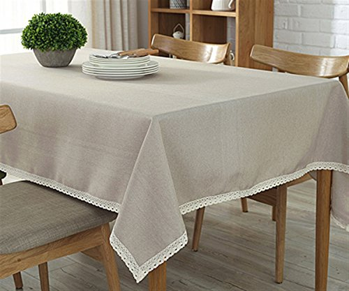 Ommda Tischdecke Leinen Abwaschbar Spitzenkante Tischwäsche Lang Rechteckig Pflegeleicht 110x140cm Beige