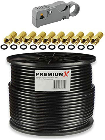 Premium X 100m BASIC Koaxialkabel schwarz 135dB 4-fach SAT TV Koax-Kabel Antennenkabel Abisolierer 10x F-Stecker 0,36 EUR/m