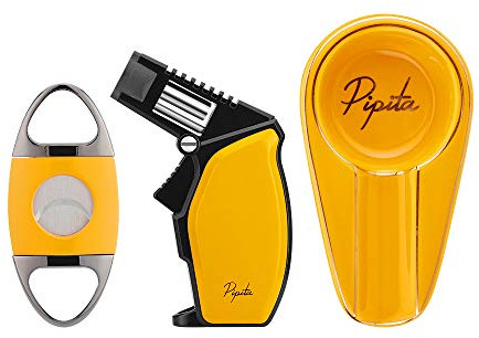 PIPITA Flamme Briquets Allume Cigare Tempete Chalumeau Gaz Butane Rechargeable Big Jet Turbo Bleu Flammes Cigare Torche Briquet avec Trou Puncher (Non Gaz Inclus) (Set)