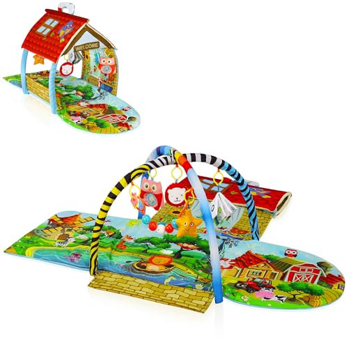 Lionelo Agnes Plus 2in1 Krabbeldecke für Baby, Spielmatte Baby, 2 Spielbögen, Spielhaus, Stoffbuch, Spielzeuge Bunte, Rasselkette, verstärkter Boden, kontrastreiche Farben