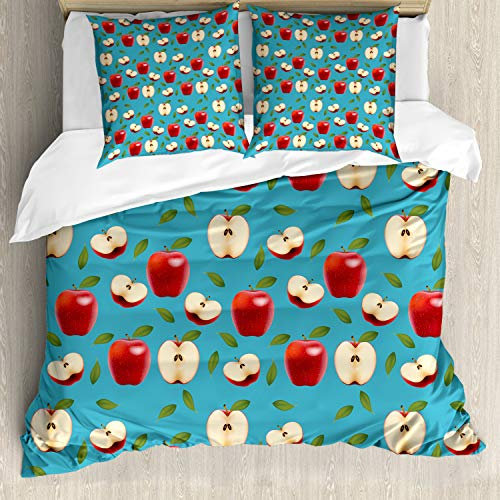 ABAKUHAUS Mela Set Copripiumino, Red Delicious Healty Alimentari, 3 Pezzi con 2 Federe Cuscini, 200 x 200 cm - 80 x 80 cm, Crema Blu Rubino