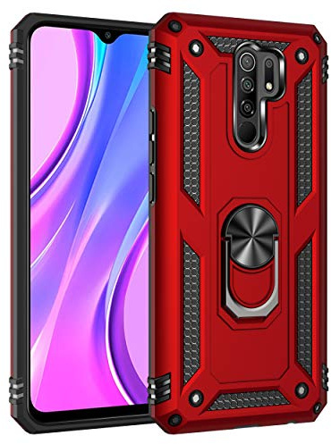 BestST Funda para Xiaomi Redmi 9 + HD Protectores de Pantalla,con Anillo Soporte 2in1 Dura PC + Suave TPU Silicona Carcasa Híbrido Armadura Bumper Case Cover para Xiaomi Redmi 9 Rojo