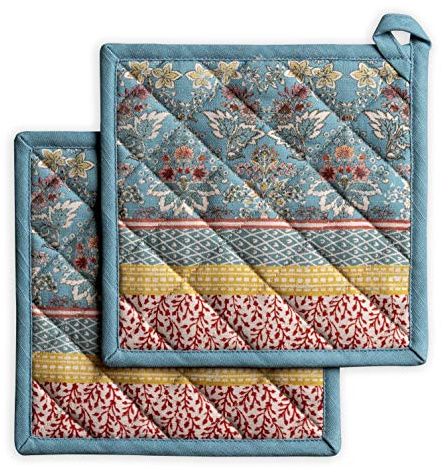 Maison d' Hermine Pot Holders Set 100% Cotton Heat Resistant Potholders 20 cm x 20 cm Hot Pads with Loop for BBQ Cooking Baking Handling Hot Pans Spring Summer (Pack of 2, Marquise)