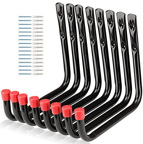 Naikozmo 8 Pack Wall Mount Storage Hooks, 9.6IN Garage Utility Hanger for Ladder, Hold Chairs, Garden Tool, Hose, Bike Black +Red 9.6Inch x 8.8Inch