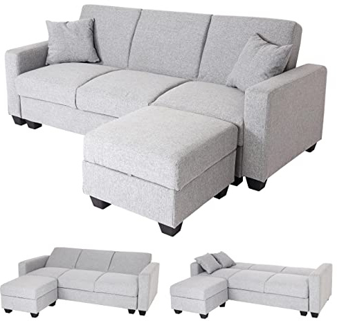 Mendler Sofa HWC-H47 mit Ottomane 217x145cm - Stoff/Textil hellgrau | Couch, Gästebett, Schlaffunktion, Stauraum