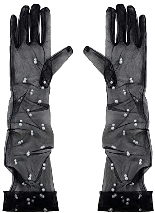Mrotrida Damen Perlen Tüll Brauthandschuhe Hochzeit Sheer Mesh Lange Handschuhe, Schwarz, Einheitsgröße